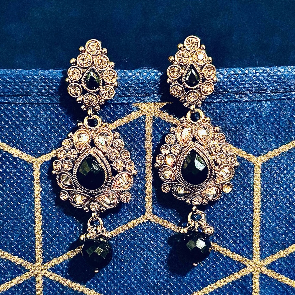 Dangle Tear Drop Black Gold Rhinestone Embellished Chandelier Statement Earrings